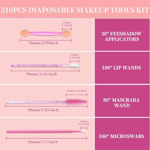 Teenitor 310PCS Disposable Makeup Applicators Kit - Mascara Wands, Lash Spoolies, Eyeshadow & Lip Applicators, Microswabs, Makeup Artist Kit Essentials with Pink Box - görsel 4