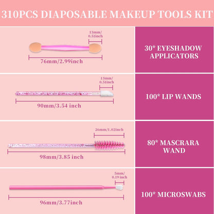 Teenitor 310PCS Disposable Makeup Applicators Kit - Mascara Wands, Lash Spoolies, Eyeshadow & Lip Applicators, Microswabs, Makeup Artist Kit Essentials with Pink Box