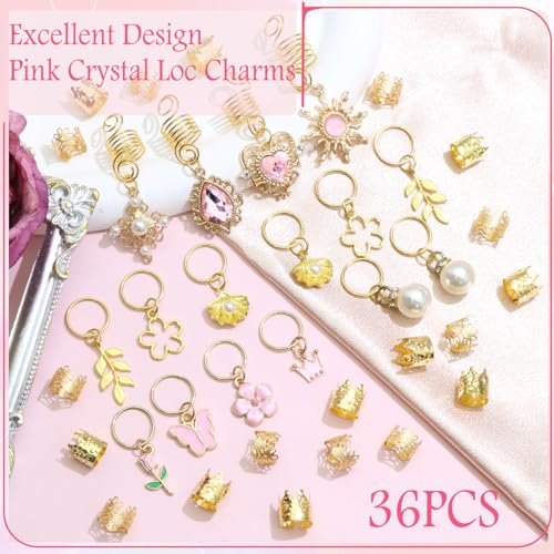 VENOFEN 36-Piece Pink Crystal Hair Jewelry Set – Butterfly Braids Clips, Flower Loc Charms, Gold Hair Cuffs & Rings for Women and Girls - görsel 4