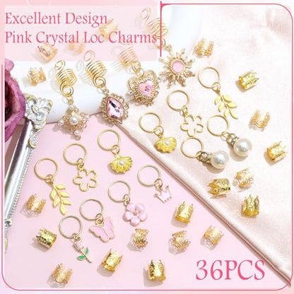VENOFEN 36-Piece Pink Crystal Hair Jewelry Set – Butterfly Braids Clips, Flower Loc Charms, Gold Hair Cuffs & Rings for Women and Girls