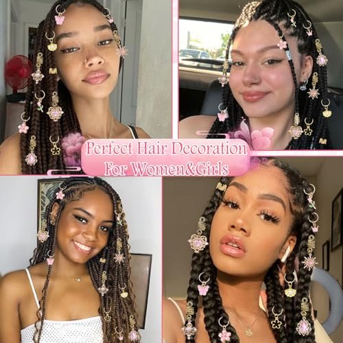 VENOFEN 36-Piece Pink Crystal Hair Jewelry Set – Butterfly Braids Clips, Flower Loc Charms, Gold Hair Cuffs & Rings for Women and Girls - görsel 14