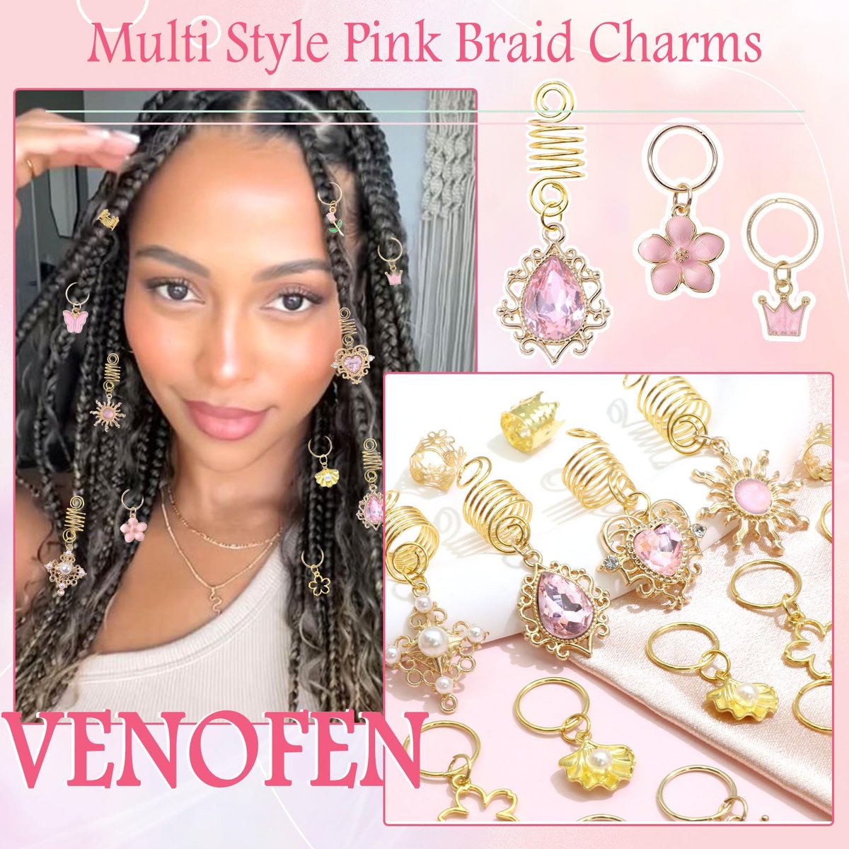 VENOFEN 36-Piece Pink Crystal Hair Jewelry Set – Butterfly Braids Clips, Flower Loc Charms, Gold Hair Cuffs & Rings for Women and Girls - görsel 9