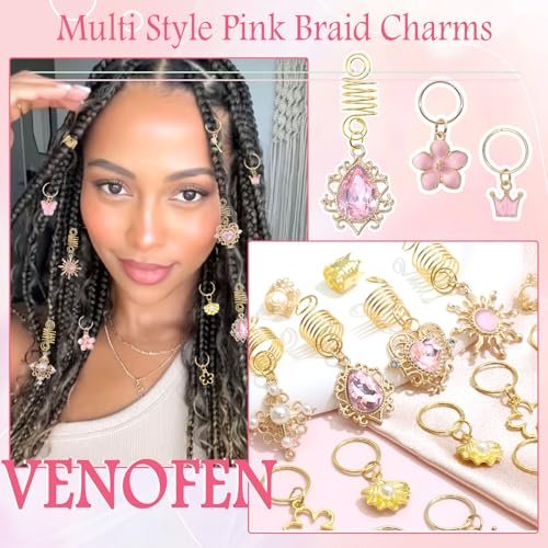 VENOFEN 36-Piece Pink Crystal Hair Jewelry Set – Butterfly Braids Clips, Flower Loc Charms, Gold Hair Cuffs & Rings for Women and Girls - görsel 10