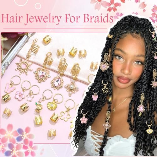 VENOFEN 36-Piece Pink Crystal Hair Jewelry Set – Butterfly Braids Clips, Flower Loc Charms, Gold Hair Cuffs & Rings for Women and Girls - görsel 6