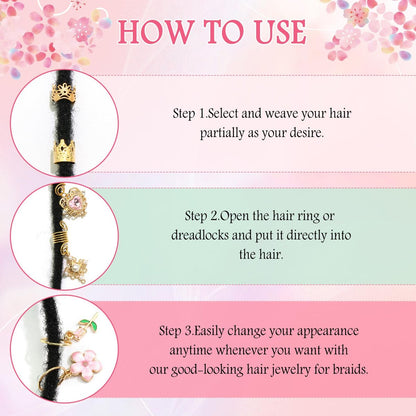 VENOFEN 36-Piece Pink Crystal Hair Jewelry Set – Butterfly Braids Clips, Flower Loc Charms, Gold Hair Cuffs & Rings for Women and Girls