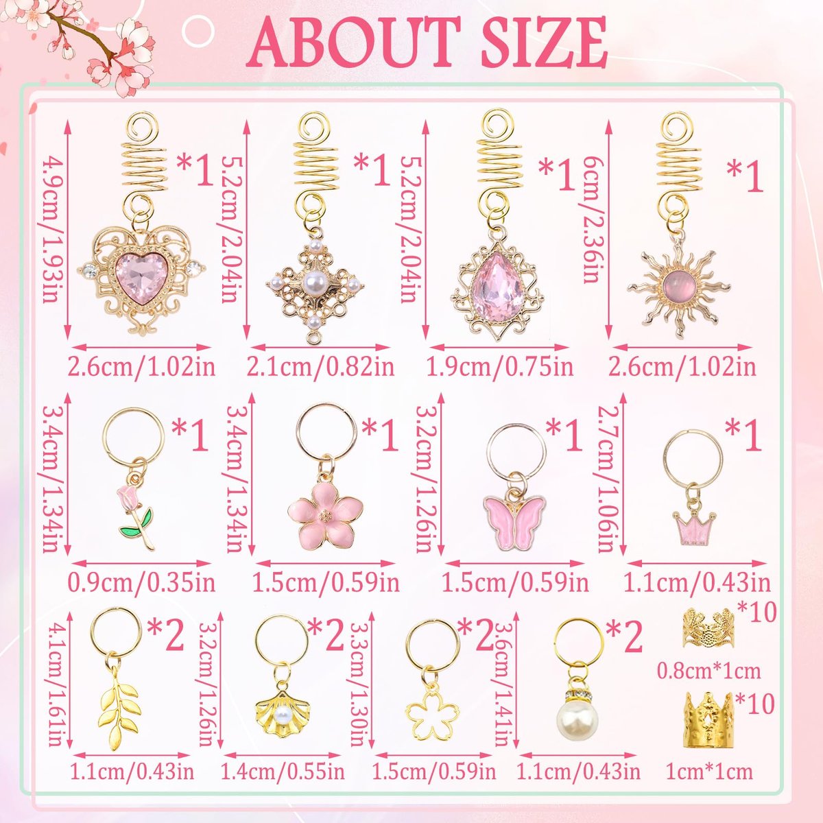 VENOFEN 36-Piece Pink Crystal Hair Jewelry Set – Butterfly Braids Clips, Flower Loc Charms, Gold Hair Cuffs & Rings for Women and Girls - görsel 7