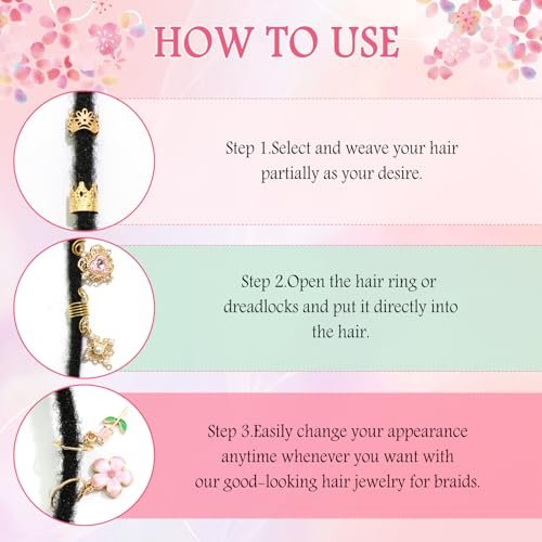 VENOFEN 36-Piece Pink Crystal Hair Jewelry Set – Butterfly Braids Clips, Flower Loc Charms, Gold Hair Cuffs & Rings for Women and Girls - görsel 12