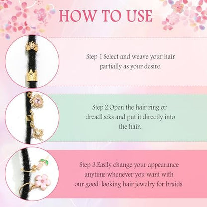VENOFEN 36-Piece Pink Crystal Hair Jewelry Set – Butterfly Braids Clips, Flower Loc Charms, Gold Hair Cuffs & Rings for Women and Girls