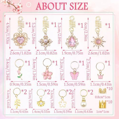 VENOFEN 36-Piece Pink Crystal Hair Jewelry Set – Butterfly Braids Clips, Flower Loc Charms, Gold Hair Cuffs & Rings for Women and Girls