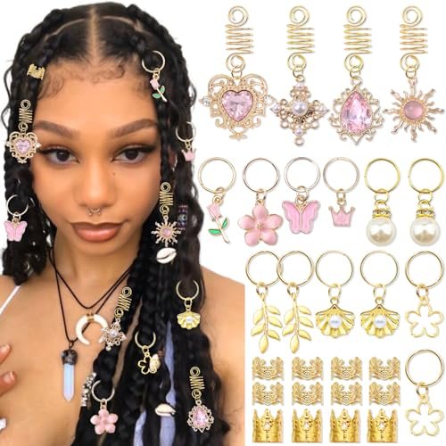 VENOFEN 36-Piece Pink Crystal Hair Jewelry Set – Butterfly Braids Clips, Flower Loc Charms, Gold Hair Cuffs & Rings for Women and Girls - görsel 2