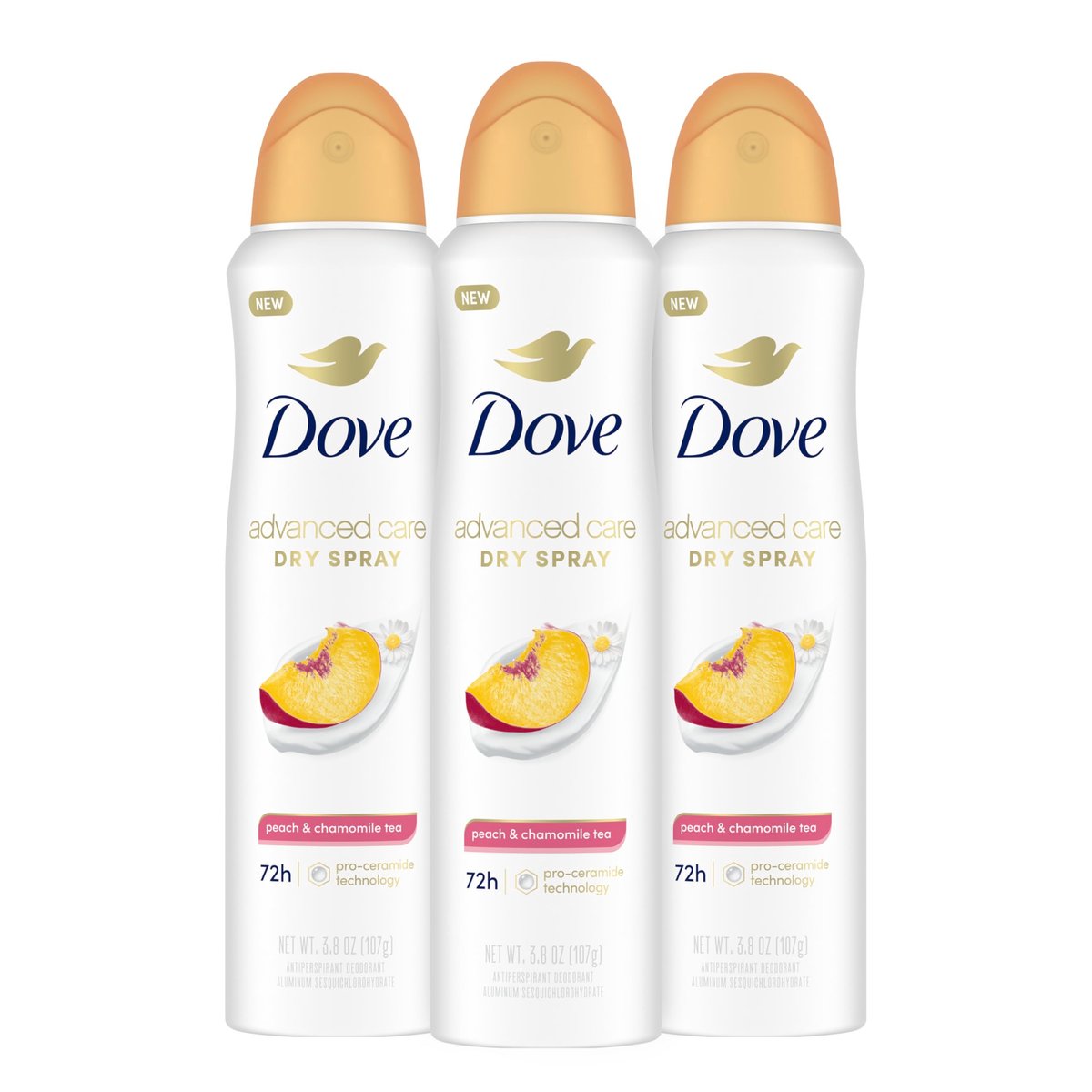 Dove Advanced Care Antiperspirant Deodorant Dry Spray, Peach & Chamomile Tea, 3.8 oz (Pack of 3), 72-Hour Odor Control & All-Day Sweat Protection with ProCeramide Technology Avelisse
