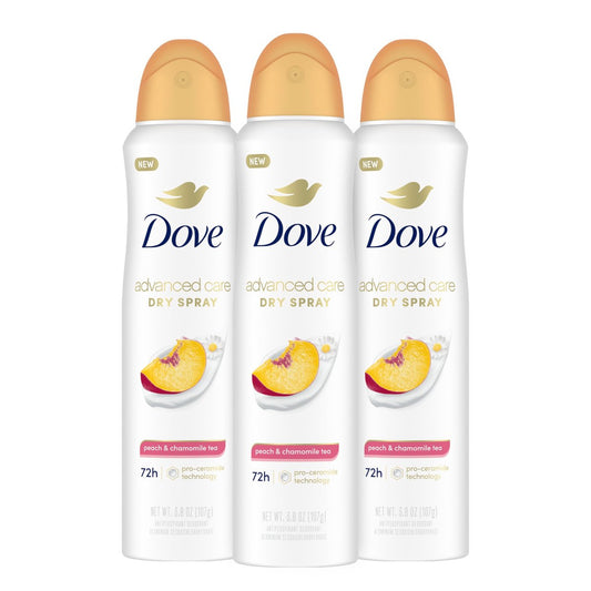 Dove Advanced Care Antiperspirant Deodorant Dry Spray, Peach & Chamomile Tea, 3.8 oz (Pack of 3), 72-Hour Odor Control & All-Day Sweat Protection with ProCeramide Technology Avelisse