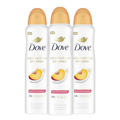 Dove Advanced Care Antiperspirant Deodorant Dry Spray, Peach & Chamomile Tea, 3.8 oz (Pack of 3), 72-Hour Odor Control & All-Day Sweat Protection with ProCeramide Technology Avelisse