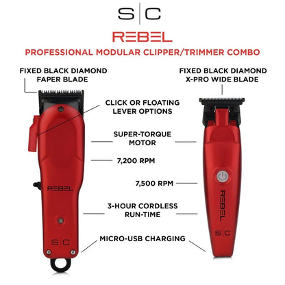 Stylecraft Rebel Professional Modular Cordless Hair Clipper and Trimmer with Super-Torque Motor Combo Set – Red Avelisse