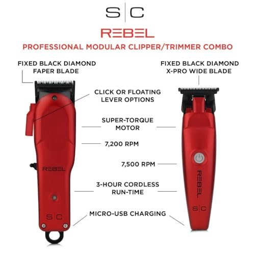 Stylecraft Rebel Professional Modular Cordless Hair Clipper and Trimmer with Super-Torque Motor Combo Set – Red Avelisse