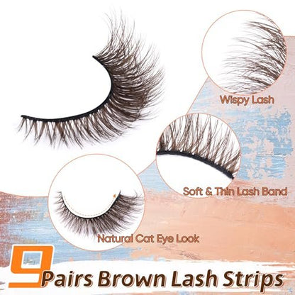 Zegaine Natural Look Dark Brown Wispy Cat Eye False Eyelashes - 9 Pairs Faux Mink Lashes for Everyday Wear Avelisse