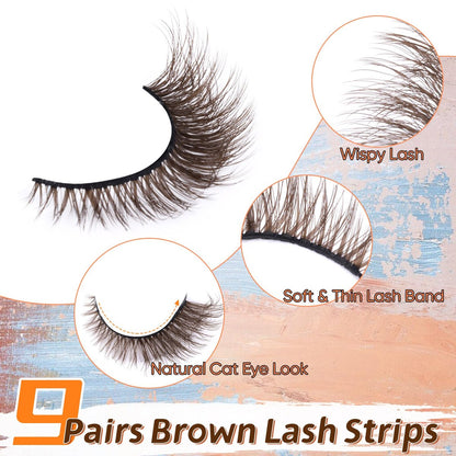 Zegaine Natural Look Dark Brown Wispy Cat Eye False Eyelashes - 9 Pairs Faux Mink Lashes for Everyday Wear Avelisse
