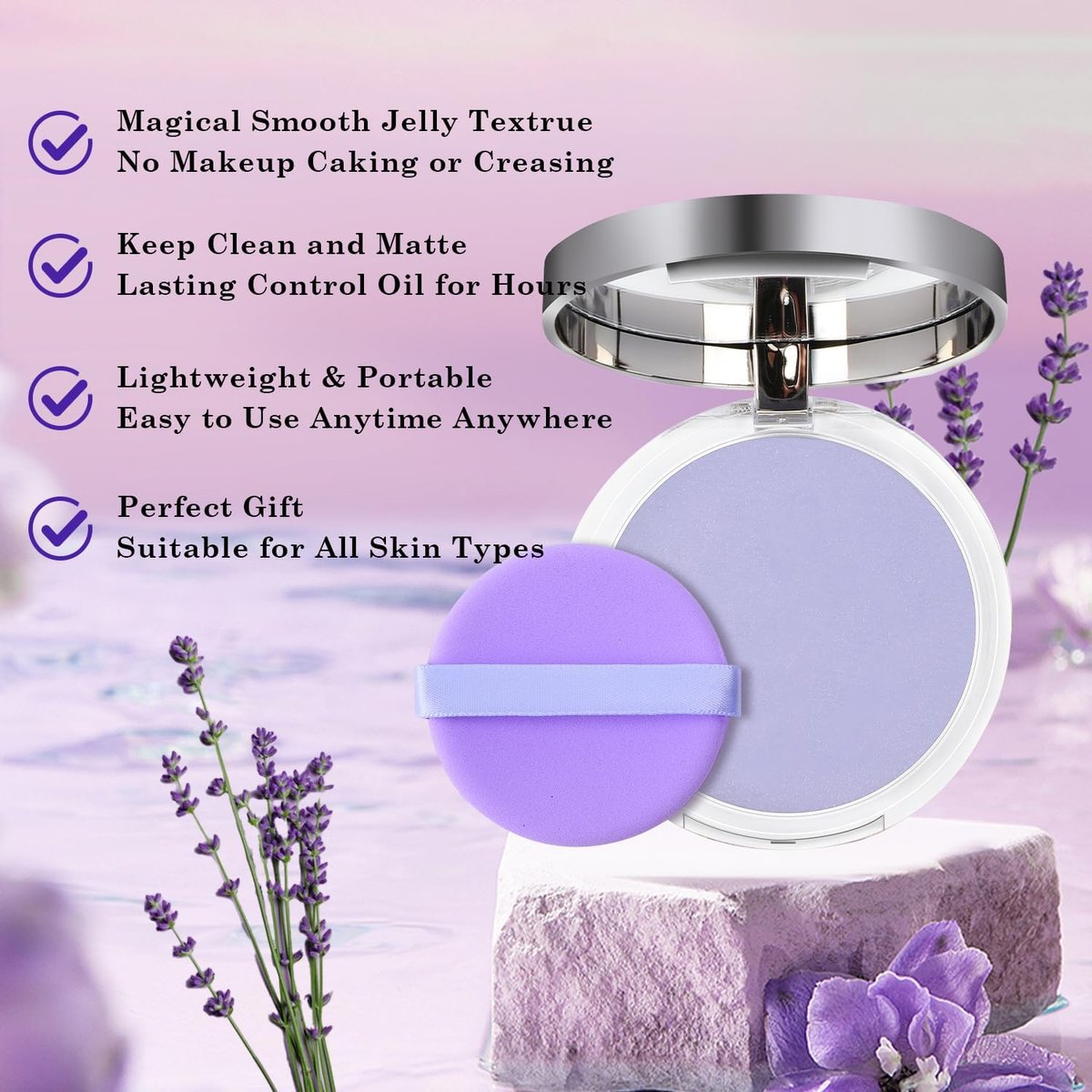 Lavend Jelly Pressed Setting Powder - Face Matte Setting Powder, Oil Control Pressed Matte Powder with Mini Powder Puff, Cruelty Free - görsel 3