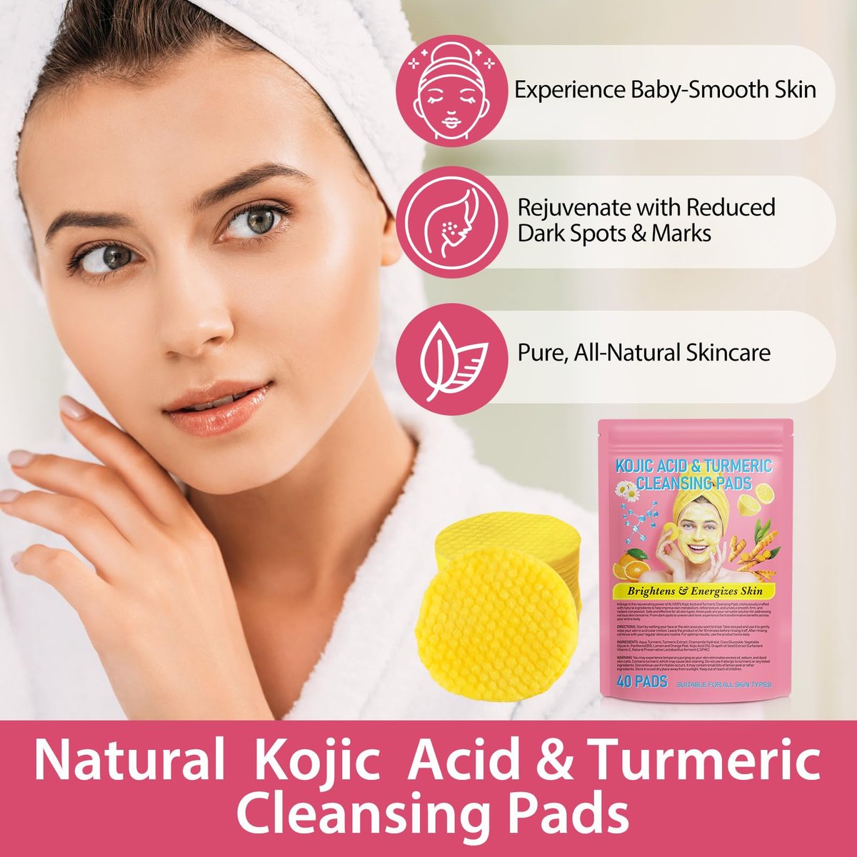 A r b c r n Turmeric Cleansing Pads with Kojic Acid - 80 Count for Acne Scars, Firming Skin, Deep Clean Pores - görsel 5
