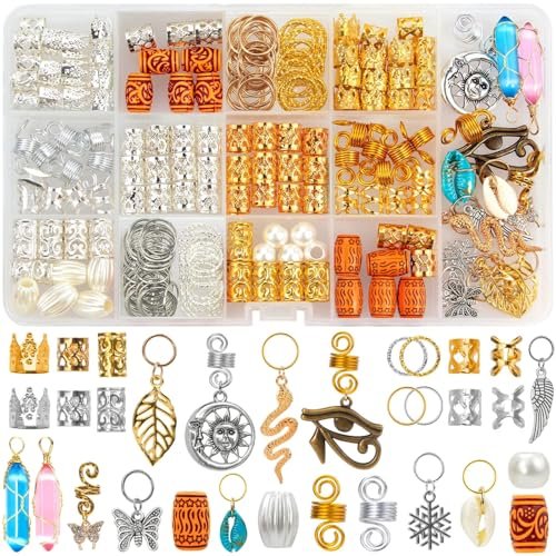 200 Pcs Hair Beads Jewelry Set - Gold and Silver Dreadlock Hair Charms, Braid Cuffs, Clips, and Metal Hair Coils for Braids - görsel 2