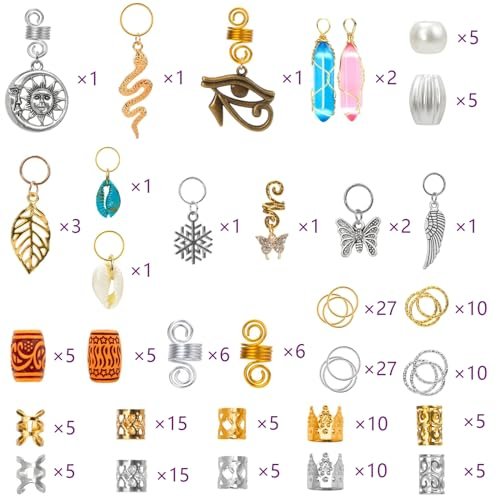 200 Pcs Hair Beads Jewelry Set - Gold and Silver Dreadlock Hair Charms, Braid Cuffs, Clips, and Metal Hair Coils for Braids - görsel 6