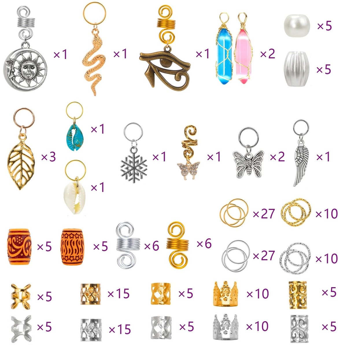 200 Pcs Hair Beads Jewelry Set - Gold and Silver Dreadlock Hair Charms, Braid Cuffs, Clips, and Metal Hair Coils for Braids - görsel 5