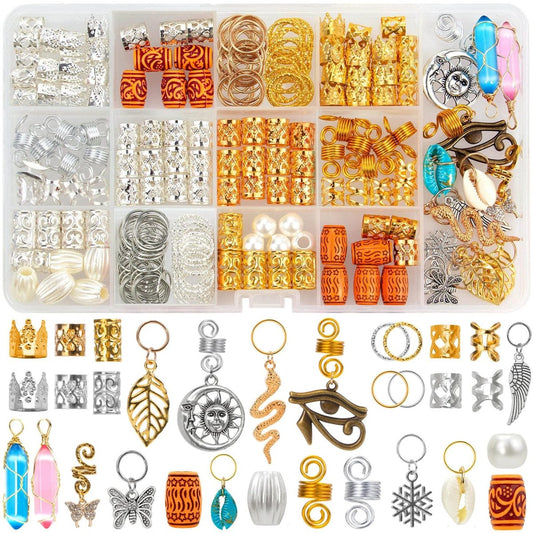 200 Pcs Hair Beads Jewelry Set - Gold and Silver Dreadlock Hair Charms, Braid Cuffs, Clips, and Metal Hair Coils for Braids
