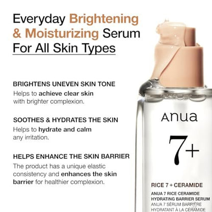 Anua Rice Ceramide 7 Hydrating Barrier Serum - Moisturizing Face Serum with Hyaluronic Acid & Niacinamide, Fragrance Free, Lightweight, Non-Comedogenic for Sensitive Dry Skin, Korean Skincare, 1.69 fl oz