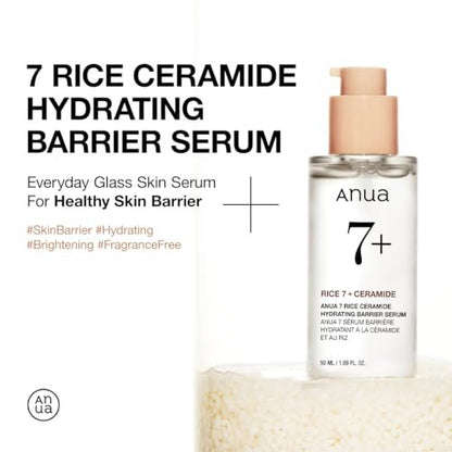 Anua Rice Ceramide 7 Hydrating Barrier Serum - Moisturizing Face Serum with Hyaluronic Acid & Niacinamide, Fragrance Free, Lightweight, Non-Comedogenic for Sensitive Dry Skin, Korean Skincare, 1.69 fl oz