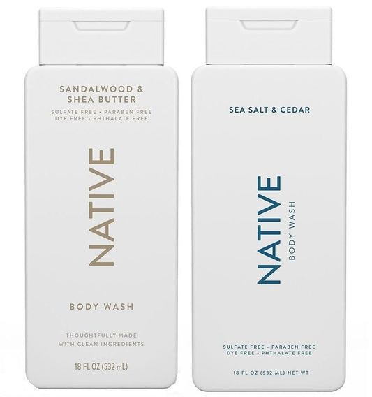 Native Body Wash 2-Pack: Sandalwood & Shea Butter + Sea Salt & Cedar (18 fl oz each) Avelisse