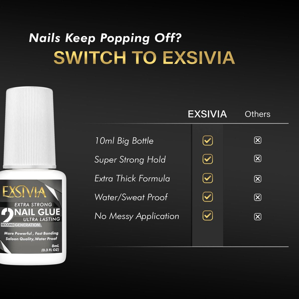 EXSIVIA Super Strong Nail Glue for Press On Nails, Acrylic Nails & Nail Tips (10ml) - Extra Strength Long Lasting Brush-On Adhesive, Mess-Free, No Dehydrator or Primer Needed - görsel 15