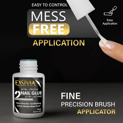 EXSIVIA Super Strong Nail Glue for Press On Nails, Acrylic Nails & Nail Tips (10ml) - Extra Strength Long Lasting Brush-On Adhesive, Mess-Free, No Dehydrator or Primer Needed