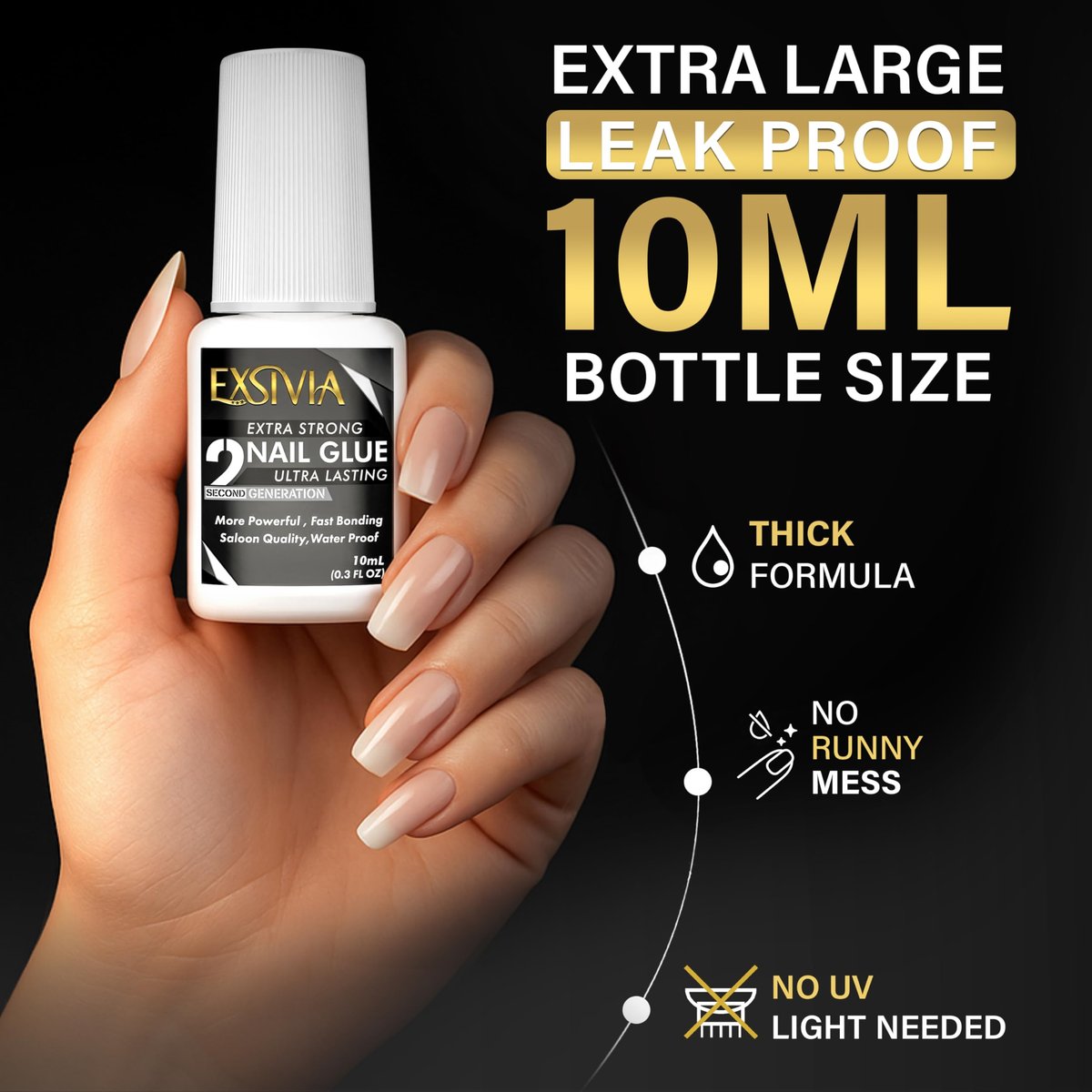 EXSIVIA Super Strong Nail Glue for Press On Nails, Acrylic Nails & Nail Tips (10ml) - Extra Strength Long Lasting Brush-On Adhesive, Mess-Free, No Dehydrator or Primer Needed - görsel 3