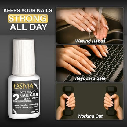 EXSIVIA Super Strong Nail Glue for Press On Nails, Acrylic Nails & Nail Tips (10ml) - Extra Strength Long Lasting Brush-On Adhesive, Mess-Free, No Dehydrator or Primer Needed