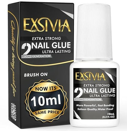 EXSIVIA Super Strong Nail Glue for Press On Nails, Acrylic Nails & Nail Tips (10ml) - Extra Strength Long Lasting Brush-On Adhesive, Mess-Free, No Dehydrator or Primer Needed