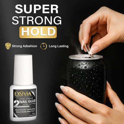 EXSIVIA Super Strong Nail Glue for Press On Nails, Acrylic Nails & Nail Tips (10ml) - Extra Strength Long Lasting Brush-On Adhesive, Mess-Free, No Dehydrator or Primer Needed