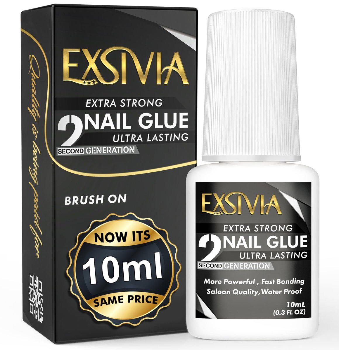 EXSIVIA Super Strong Nail Glue for Press On Nails, Acrylic Nails & Nail Tips (10ml) - Extra Strength Long Lasting Brush-On Adhesive, Mess-Free, No Dehydrator or Primer Needed - görsel 1