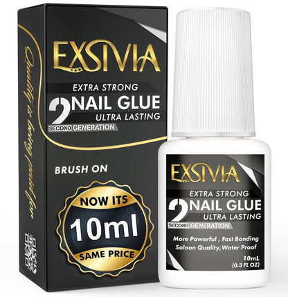 EXSIVIA Super Strong Nail Glue for Press On Nails, Acrylic Nails & Nail Tips (10ml) - Extra Strength Long Lasting Brush-On Adhesive, Mess-Free, No Dehydrator or Primer Needed