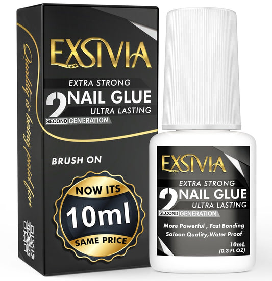 EXSIVIA Super Strong Nail Glue for Press On Nails, Acrylic Nails & Nail Tips (10ml) - Extra Strength Long Lasting Brush-On Adhesive, Mess-Free, No Dehydrator or Primer Needed