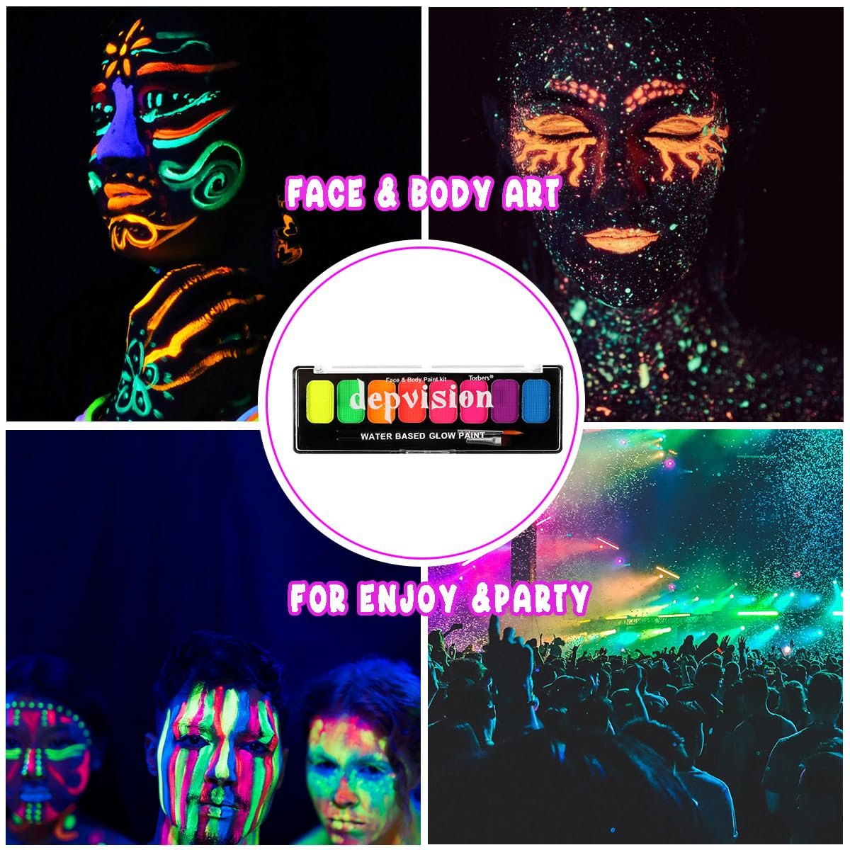 8 Color Glow in the Dark UV Face and Body Paint Palette - Neon Blacklight Water Activated Washable Non-Toxic - görsel 5