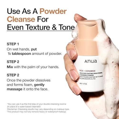 ANUA Rice Enzyme Brightening Cleansing Powder - Gentle Exfoliating Powder-to-Foam Cleanser for Smooth Texture & Clarity, Hydrating Korean Skincare, 1.41 fl.oz Avelisse