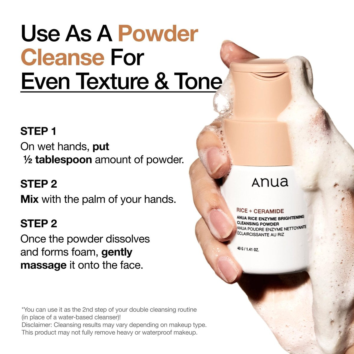ANUA Rice Enzyme Brightening Cleansing Powder - Gentle Exfoliating Powder-to-Foam Cleanser for Smooth Texture & Clarity, Hydrating Korean Skincare, 1.41 fl.oz Avelisse