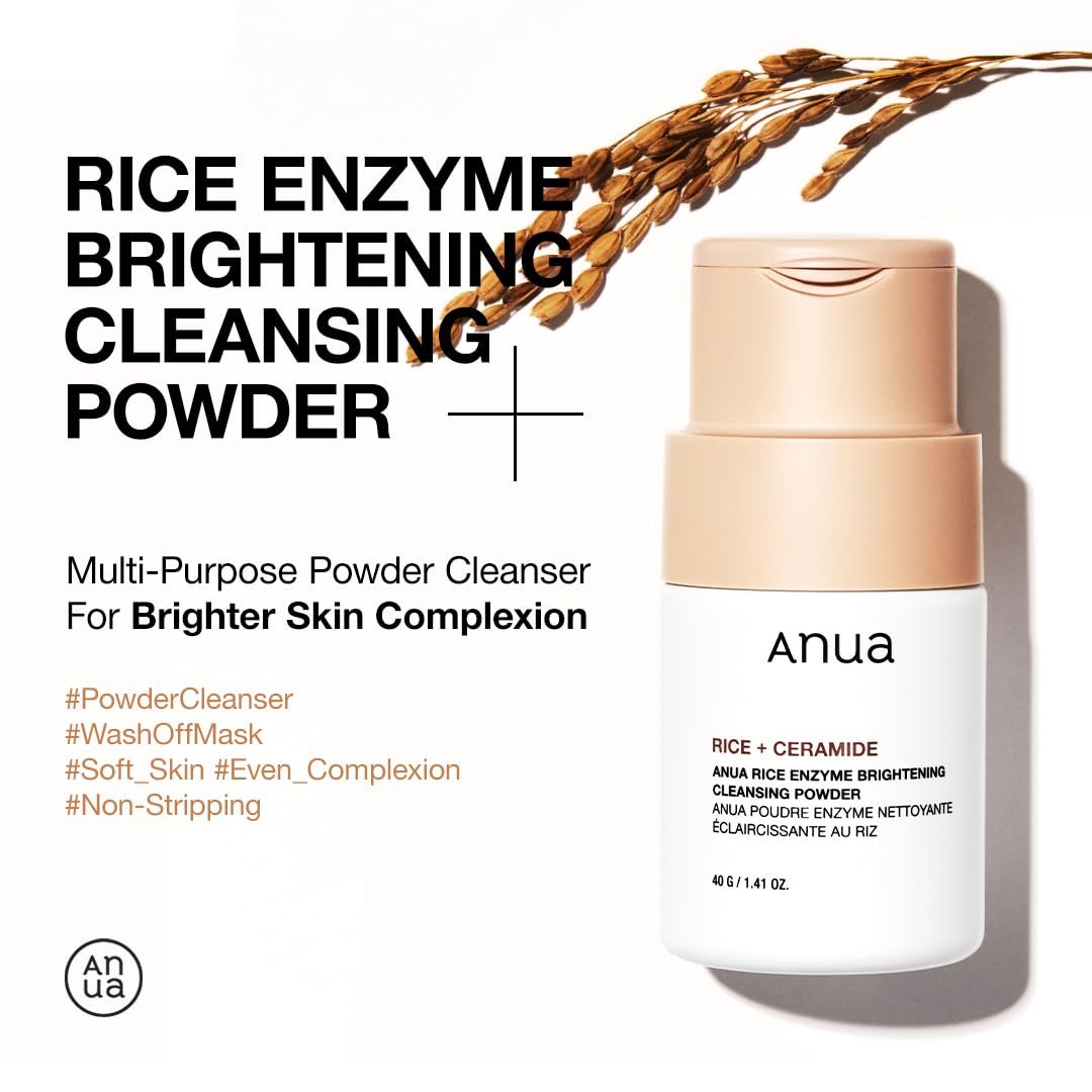 ANUA Rice Enzyme Brightening Cleansing Powder - Gentle Exfoliating Powder-to-Foam Cleanser for Smooth Texture & Clarity, Hydrating Korean Skincare, 1.41 fl.oz Avelisse