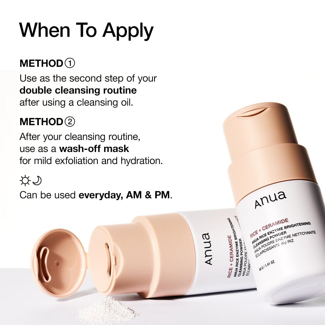 ANUA Rice Enzyme Brightening Cleansing Powder - Gentle Exfoliating Powder-to-Foam Cleanser for Smooth Texture & Clarity, Hydrating Korean Skincare, 1.41 fl.oz Avelisse