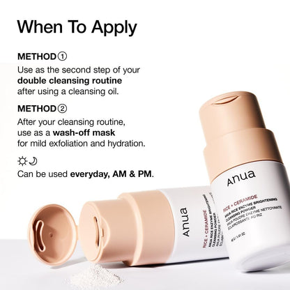 ANUA Rice Enzyme Brightening Cleansing Powder - Gentle Exfoliating Powder-to-Foam Cleanser for Smooth Texture & Clarity, Hydrating Korean Skincare, 1.41 fl.oz Avelisse