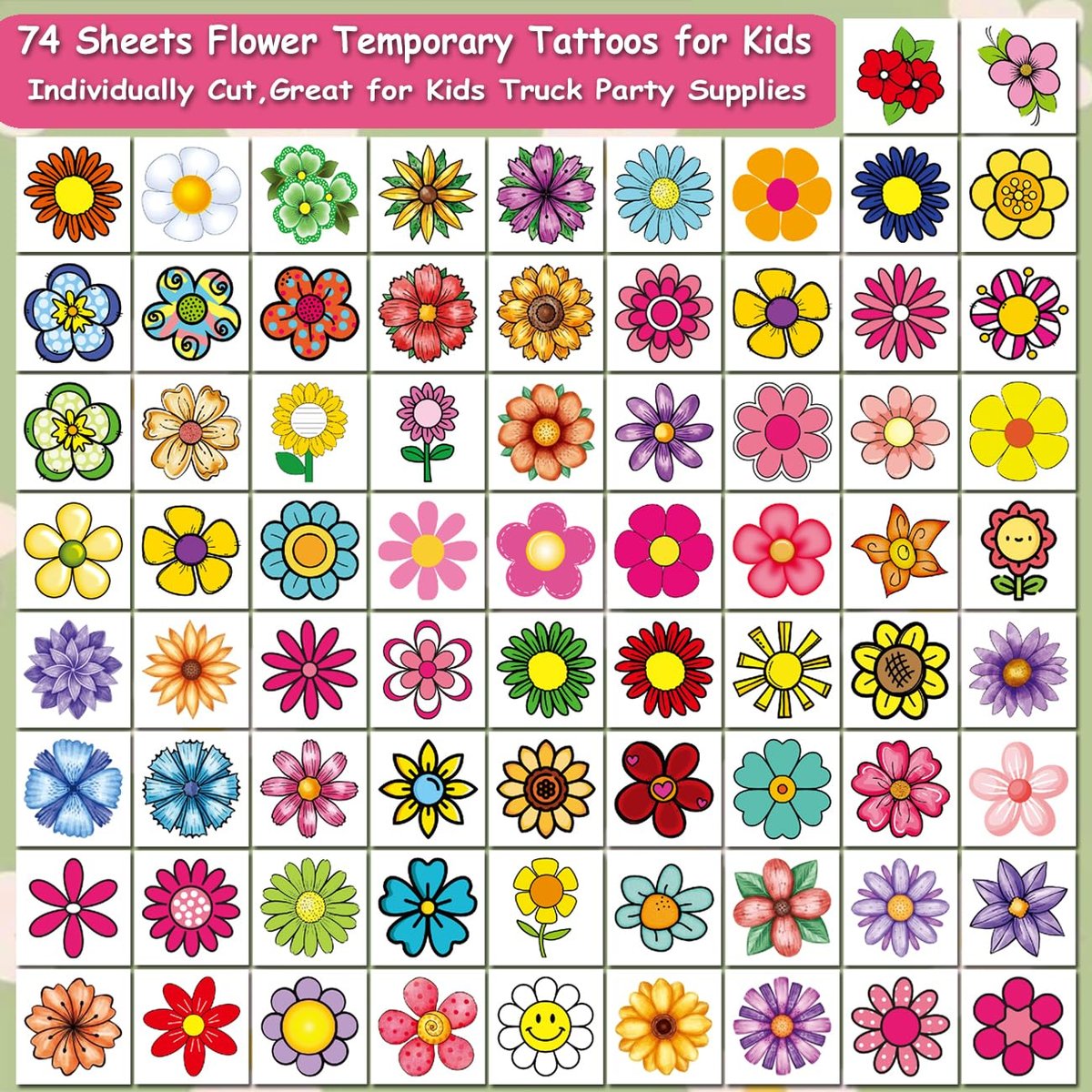 CHARLENT 74-Piece Flower Temporary Tattoos for Kids - Individual Sheets, Perfect for Birthday Party Favors and Goodie Bag Fillers - görsel 3