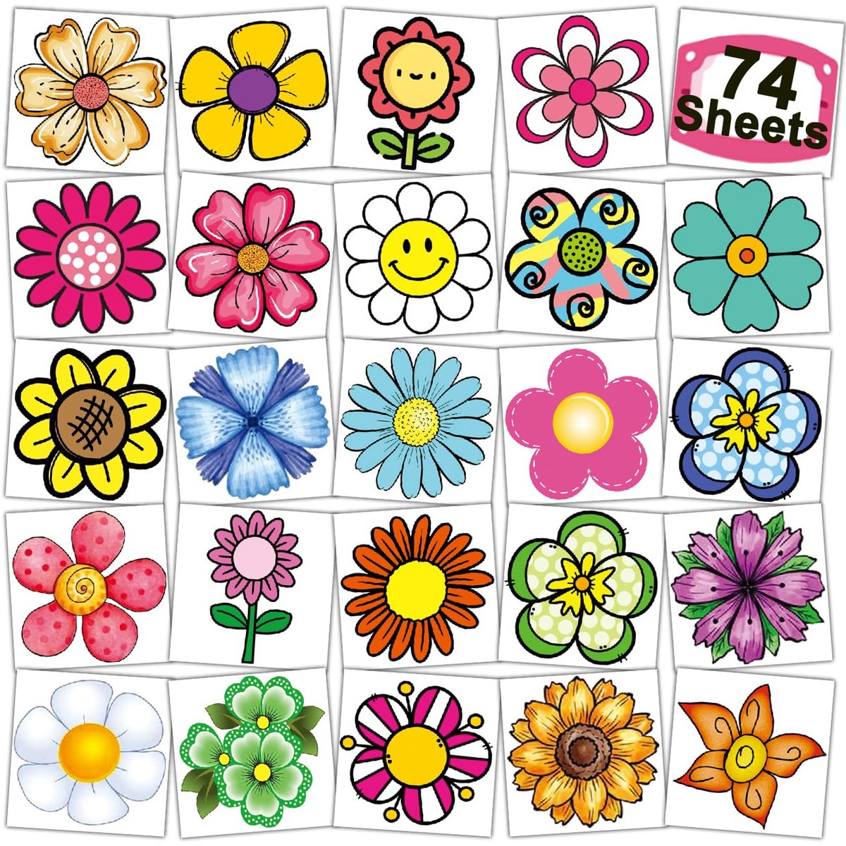 CHARLENT 74-Piece Flower Temporary Tattoos for Kids - Individual Sheets, Perfect for Birthday Party Favors and Goodie Bag Fillers - görsel 1