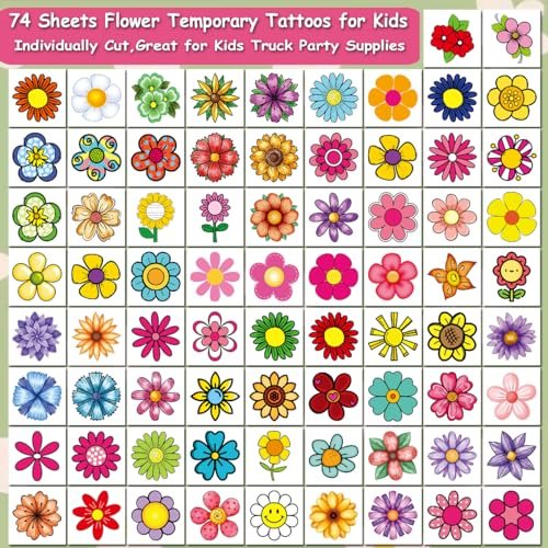 CHARLENT 74-Piece Flower Temporary Tattoos for Kids - Individual Sheets, Perfect for Birthday Party Favors and Goodie Bag Fillers - görsel 4