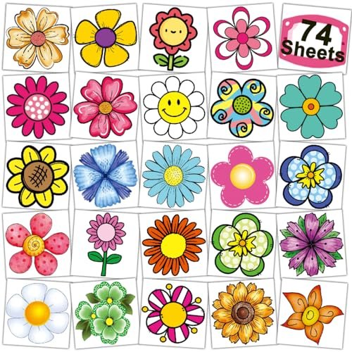 CHARLENT 74-Piece Flower Temporary Tattoos for Kids - Individual Sheets, Perfect for Birthday Party Favors and Goodie Bag Fillers - görsel 2