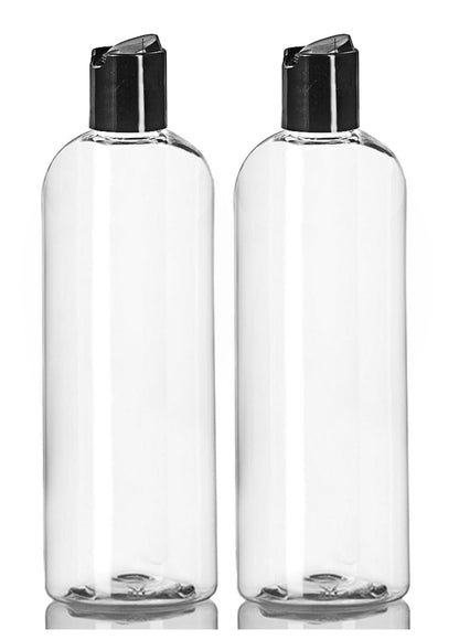 16 oz Clear Plastic Empty Bottles with Black Disc Top Caps - Squeezable Refillable Containers for Shampoo, Lotions, Cream - Pack of 2, BPA Free, Made in USA